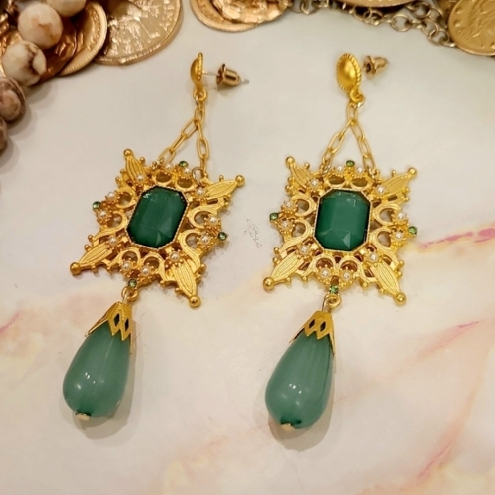 Vintage Baroque Green Embellished Gold Chandelier Earrings